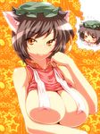  =_= alternate_breast_size animal_ears bare_shoulders breasts brown_eyes brown_hair cat_ears censored chen convenient_censoring dreaming earrings fang hat hoop_earrings huge_breasts jewelry large_breasts older ribbon shirt_lift short_hair single_earring text_in_eyes touhou translated tro 