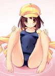  bad_id bad_pixiv_id bakemonogatari barefoot blush breasts brown_eyes brown_hair cameltoe covered_nipples feet hat leg_hold monogatari_(series) one-piece_swimsuit school_swimsuit sengoku_nadeko short_hair small_breasts solo spread_legs swimsuit yuki_usagi 