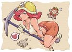  1girl arched_back arms_up ass back bent_over between_breasts between_legs blue_eyes breasts cleavage corobo crown earrings hair_over_one_eye hand_between_legs heart helmet hinomaru_(firesoul) jewelry lips little_king's_story medium_breasts mining_helmet pickaxe red_hair ripped_miner shorts spoken_heart undershirt 