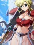  aretha armor ass_visible_through_thighs bikini_armor blonde_hair braid breasts cleavage earrings green_eyes jewelry large_breasts loincloth materia_(aretha) md5_mismatch navel no_panties nomal pelvic_curtain shoulder_pads solo sword weapon 