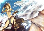  bad_id bad_pixiv_id breasts brown_hair cloud cloudy_sky dragon flying gloves katou_taira medium_breasts mountain original riding sky solo underboob 