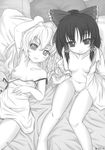  armpits blush bottomless braid breasts flat_chest greyscale hakurei_reimu highres kirisame_marisa long_hair lying medium_breasts monochrome multiple_girls neru_fia nightgown nipples no_panties non-web_source open_clothes open_shirt scan shirt short_hair sitting smile touhou 