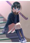  1girl absurdres black_hair blazer blue_eyes blue_jacket blue_skirt brown_sweater commentary elbows_on_knees handrail head_in_hand head_tilt highres jacket kneehighs light_blush light_particles looking_at_viewer low_twintails navy_blue_legwear original pleated_skirt school_uniform shigure0730 shoes short_hair sitting sitting_on_stairs skirt sleeves_past_wrists smile solo stairs sweater twintails uniform uwabaki white_footwear 