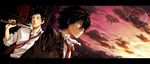  2boys 8018 black_hair cloud clouds hibari hibari_kyouya katekyo_hitman_reborn! khr male male_focus mountain multiple_boys necktie school_uniform sky student sunset sword uniform weapon yamamoto_takeshi 