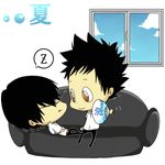  8018 amber_eyes black_hair blue_sky brown_eyes chibi cloud couch fan hibari hibari_kyouya katekyo_hitman_reborn! khr lowres male male_focus school_uniform shirt sitting sky sleeping sofa spiked_hair student uniform white_shirt window yamamoto_takeshi yaoi yellow_eyes 