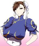  breasts brown_eyes brown_hair bun_cover china_dress chinese_clothes chun-li double_bun dress earrings huge_breasts jewelry sagging_breasts sash solo st.germain-sal street_fighter 