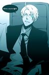  1boy ahoge america_(hetalia) axis_powers_hetalia glasses male male_focus monochrome necktie sitting smirk solo tie 