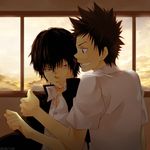  2boys 8018 black_hair black_jacket cloud clouds frown hibari hibari_kyouya jacket katekyo_hitman_reborn! khr lowres male male_focus multiple_boys school school_uniform shirt smile student t-shirt uniform white_shirt window yamamoto_takeshi yaoi 