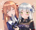  alternate_hairstyle artist_request assault_rifle brown_hair chinese_commentary closed_mouth commentary_request feza_chen_(ushaku) girls_frontline gloves green_eyes gun hair_ribbon highres hk416_(girls_frontline) m1903_springfield_(girls_frontline) military military_uniform multiple_girls ribbon rifle silver_hair smile twintails uniform weapon 