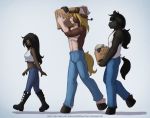  2014 anthro black_fur blonde_hair boots box breasts brown_fur choker clothed clothing conditional_dnp dark_skin equine female footwear fur group hair hat hooves horse human jay_naylor larger_male male mammal midriff pants ponytail shirt side_view size_difference smaller_female topless url walking 