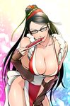  bare_shoulders bayonetta bayonetta_(character) black_hair blue_eyes breasts cherry_blossoms cleavage closed_fan collarbone cosplay fan fatal_fury folding_fan glasses hair_ribbon hips large_breasts leaning_forward lips lipstick long_hair looking_at_viewer makeup mole mole_under_mouth naughty_face pelvic_curtain revealing_clothes ribbon shiranui_mai shiranui_mai_(cosplay) smile solo the_king_of_fighters thighs ueyama_michirou very_long_hair 