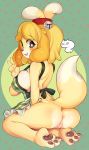  2019 animal_crossing anthro anus apron blonde_hair blush butt canid canine canis clothing dipstick_tail domestic_dog female floppy_ears fur hair hair_ornament hi_res isabelle_(animal_crossing) mammal multicolored_tail naked_apron niniidawns nintendo paws pussy video_games white_fur yellow_fur 