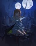  barefoot black_wings blurry blurry_background blush brown_hair closed_eyes collarbone copyright_request depth_of_field dress dutch_angle facing_viewer full_moon hands_up holding holding_instrument instrument long_hair moon multiple_moons music night night_sky playing_instrument seiza sitting sketch sky solo swd3e2 white_dress wings 