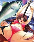  absurdres bikini blue_eyes blush boat copyright_request fish fishing fishing_rod front-tie_top highres holding holding_fishing_rod long_hair lying misakura_nankotsu open_mouth solo spread_legs swimsuit water watercraft 