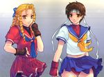  bad_id bad_pixiv_id blonde_hair blue_sailor_collar brown_eyes brown_hair buruma fingerless_gloves gloves hair_pulled_back headband kanzuki_karin kasugano_sakura multiple_girls red_sailor_collar sailor_collar school_uniform serafuku street_fighter yoko_juusuke 