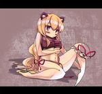  animal_ears bad_id bad_pixiv_id barefoot blonde_hair crop_top crop_top_overhang ear_wiggle garnet hat hat_removed headwear_removed letterboxed long_hair navel panties raccoon_ears red_eyes side-tie_panties sitting solo touhou underwear yakumo_yukari 