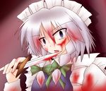  bad_id bad_pixiv_id blood blue_eyes braid hairband izayoi_sakuya knife maid ryutotoranoikkiuchi short_hair silver_hair solo touhou twin_braids 