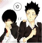  2boys 8018 angry black_hair black_jacket frown hand_over_mouth hibari hibari_kyouya jacket katekyo_hitman_reborn! khr lowres male male_focus multiple_boys school_uniform shirt simple_background smile student sweatdrop uniform white_shirt yamamoto_takeshi yaoi yun@neo 