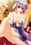  bad_id bad_pixiv_id bottomless breasts cleavage cpu_(hexivision) hat japanese_clothes large_breasts no_panties pink_hair red_eyes saigyouji_yuyuko short_hair solo touhou 