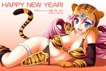  2010 animal_print blue_eyes blush breasts dragon_quest dragon_quest_iii fang large_breasts nekomanma_(byougatei) new_year no_panties purple_hair soldier_(dq3) solo tiger_print 