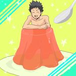  1boy black_hair blush eyes_closed food gelatin jello katekyo_hitman_reborn! khr lowres male male_focus miniboy nude smile solo spoon yamamoto_takeshi 