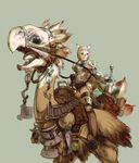  animal_ears armor bad_id bad_pixiv_id barding bird blonde_hair branch_(blackrabbits) cat_ears chocobo facial_mark final_fantasy final_fantasy_xi fish green_eyes harness highres lantern mithra realistic riding saddle shield short_hair simple_background sword thighhighs weapon 