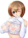  areolae blush bra breasts brown_hair covered_nipples elbow_gloves gloves hiyoko_daiou lace lace-trimmed_bra large_breasts lingerie looking_at_viewer mole mole_under_eye nipples one_eye_closed original see-through shirt_lift short_hair solo underwear white_bra white_gloves 