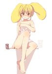  barefoot blush breasts copyright_request covering feet medium_breasts nude solo towel tsukigami_runa twintails 