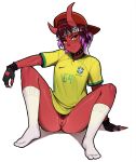  1girl 2022_fifa_world_cup 69_(meme) arm_support asura_(dirty_ero) baseball_cap black_gloves brazil clitoris closed_mouth colored_skin demon_girl dirty_ero english_commentary fingerless_gloves fingernails gloves hat horns kneehighs looking_at_viewer meme mixed-language_commentary multicolored_hair original portuguese_commentary purple_hair pussy red_skin sharp_fingernails shirt short_sleeves slit_pupils socks solo white_socks world_cup yellow_shirt 