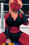  2023 5_fingers absurd_res anthro blaziken blue_eyes bodily_fluids clothed clothing digital_media_(artwork) eyebrows female fingers front_view generation_3_pokemon goatesque hair hi_res navel nintendo pokemon pokemon_(species) red_body solo sweat 