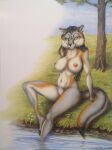  2023 anthro areola artist_name big_breasts biped black_hair black_nose breasts canid canine canis cloud cloudscape dated dirt english_text eyebrows eyelashes female flower foot_in_water fox fur grass green_eyes grey_body grey_fox grey_fur hair hi_res looking_at_viewer mammal navel nipples nude orange_body orange_fur outside partially_submerged partially_submerged_foot pink_areola pink_nipples plant river seductive signature sitting sitting_on_grass sky solo teiirka text traditional_media_(artwork) tree urocyon white_body white_flower white_fur 