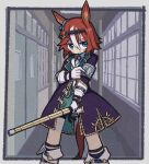  1girl animal_ears armband bamboo_memory_(umamusume) black_coat black_socks blush boots brown_hair closed_mouth coat collared_shirt door feet_out_of_frame green_eyes green_skirt hair_ornament holding holding_sword holding_weapon horse_ears horse_girl horse_tail indoors long_sleeves looking_at_viewer multicolored_hair shinai shirt short_hair skirt socks solo standing streaked_hair sudzume sword tail umamusume vest weapon white_footwear white_glo white_vest window 