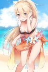  1girl bangs beach bent_over bikini black_bikini blonde_hair blue_eyes blue_sky blush braid breasts cleavage cloud collarbone flower frilled_bikini frills g36_(50_days_with_g36)_(girls&#039;_frontline) g36_(girls&#039;_frontline) girls&#039;_frontline hair_flower hair_ornament hand_up highres holding_sarong jewelry kashiyarrm long_hair looking_at_viewer medium_breasts navel necklace ocean official_alternate_costume outdoors parted_lips ponytail sand sarong sky solo swimsuit very_long_hair 