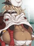  1girl arc_system_works ass bandaged_arm bandages bare_shoulders blonde_hair breasts butt_crack dark_skin from_behind guilty_gear guilty_gear_strive guilty_gear_xrd hat highres huge_ass large_breasts long_hair looking_at_viewer looking_back medium_breasts orange_eyes posty_postino ramlethal_valentine shiny_skin short_shorts shorts sideboob sitting solo thigh_strap 
