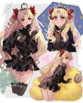  1girl appleale19 bangs black_cape black_dress black_gloves black_hair black_thighhighs blonde_hair blush cape closed_mouth commentary dark-skinned_female dark_skin dress dumuzid_(fate) earrings ereshkigal_(fate) ereshkigal_alter_(fate) fate/grand_order fate_(series) fur-trimmed_cape fur_trim gloves hair_ribbon hand_on_hip heart highres jewelry long_hair long_sleeves multiple_views parted_bangs red_eyes red_ribbon ribbon sheep smile sweat thighhighs tiara two_side_up very_long_hair 