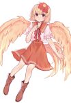  animal_on_head bird bird_on_head bird_tail bird_wings blonde_hair boots brown_footwear chick closed_mouth commentary dress feathered_wings full_body multicolored_hair niwatari_kutaka on_head orange_dress puffy_short_sleeves puffy_sleeves red_eyes red_hair shirt short_hair short_sleeves simple_background smile symbol-only_commentary tail tail_feathers touhou two-tone_hair uzuz_(xvhm5584) white_background white_shirt wings yellow_wings 