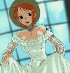  1girl bare_shoulders black_eyes blurry blurry_background blush breasts dress gold_choker hat highres long_hair looking_at_viewer medium_breasts nami_(one_piece) off-shoulder_dress off_shoulder one_piece open_mouth orange_hair see-through see-through_sleeves short_hair shoulder_tattoo single_sidelock sitting solo straw_hat tattoo teeth upper_teeth_only urasanmyaku wedding_dress white_dress 