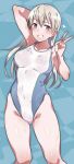  1girl arm_behind_head blue_background blush breasts brown_eyes collarbone covered_navel covered_nipples eila_ilmatar_juutilainen em_(totsuzen_no_hakike) grin large_breasts long_hair looking_at_viewer shiny_skin simple_background smile solo standing strike_witches swimsuit v white_hair world_witches_series 