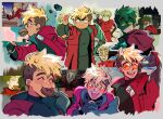  1boy blonde_hair blue_eyes blush coat doughnut earrings eating food food_in_mouth glasses grey_background highres jewelry male_focus mole open_mouth photo-referenced ragnarozzy red_coat sandwich shaded_face short_hair simple_background smile spiked_hair sunglasses thumbs_up trigun trigun_stampede undercut vash_the_stampede 