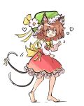  1girl animal_ears bangs brown_hair cat_ears cat_girl cat_tail chen flower green_headwear hat heart long_sleeves looking_at_viewer one-hour_drawing_challenge primsla red_skirt short_hair simple_background skirt smile standing tail touhou white_background yellow_eyes 