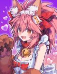  1girl absurdres animal_ear_fluff animal_ears animal_hands apron bangs bare_shoulders bell blush bow breasts cat_hair_ornament cleavage collar fate/extra fate/grand_order fate_(series) fox_ears fox_girl frills gloves hair_between_eyes hair_bow hair_ornament highres hysks206 jingle_bell large_breasts long_hair looking_at_viewer naked_apron neck_bell open_mouth paw_gloves pink_hair ponytail red_bow sidelocks smile solo tamamo_(fate) tamamo_cat_(fate) tamamo_cat_(third_ascension)_(fate) white_apron yellow_eyes 