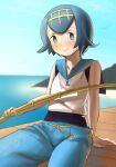  1girl arm_support blue_eyes blue_hair blue_pants blue_sailor_collar blush bright_pupils closed_mouth day fishing_rod hairband highres holding holding_fishing_rod lana_(pokemon) looking_at_viewer lulumi_lumi no_sclera one-piece_swimsuit outdoors pants pokemon pokemon_(game) pokemon_sm sailor_collar shirt short_hair sighting sitting sleeveless sleeveless_shirt smile solo swimsuit swimsuit_under_clothes white_pupils white_shirt yellow_hairband 