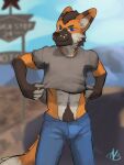  2022 abs anthro blue_eyes bodily_fluids bottomwear brown_body brown_fur canid canine clothed clothing clothing_lift denim denim_clothing desert dipstick_tail eyebrows fourbythree freckles fur hi_res inner_ear_fluff jeans male mammal maned_wolf markings multicolored_tail navel olsson orange_body orange_fur pants pubes road shirt shirt_lift sketch smile smirk solo sweat tail tail_markings topwear truck_stop tuft undressing 