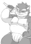  amekomi_lover anthro asian_clothing belly canid canine canis clothing domestic_dog east_asian_clothing fundoshi fur grey_body grey_fur grin hi_res japanese_clothing katana lifewonders male mammal melee_weapon moritaka musclegut nipples one_eye_closed pecs scar smile solo sword tokyo_afterschool_summoners underwear weapon wink 