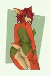  8zeon activision big_ears breasts brown_body brown_fur brown_nose butt clothing dress elora faun_(spyro) female fur genitals green_eyes hair hand_on_leg hand_on_thigh hi_res humanoid leaf orange_body orange_fur pussy red_hair simple_background solo spyro_the_dragon thigh_gap tongue tongue_out 