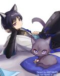  2boys animal_ears black_cat cat cat_boy cat_ears cat_tail closed_mouth dual_persona genshin_impact head_rest highres japanese_clothes long_sleeves looking_at_viewer multiple_boys okkobc purple_eyes purple_hair scaramouche_(cat)_(genshin_impact) scaramouche_(genshin_impact) short_hair tail wanderer_(genshin_impact) white_background 