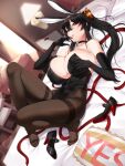  1girl akchu animal_ears bare_shoulders black_gloves black_hair black_leotard blurry blurry_background breasts brown_pantyhose chobi_(akchu) choker cleavage covered_navel covered_nipples elbow_gloves feet gloves grabbing_own_breast hair_between_eyes high_heels highleg highleg_leotard highres huge_breasts knees_up large_breasts legs leotard long_hair looking_at_viewer lying no_shoes on_back on_bed original pantyhose parted_lips pillow playboy_bunny ponytail rabbit_ears red_eyes ribbon shoes shoes_removed solo thighband_pantyhose toes undersized_breast_cup yes-no_pillow 