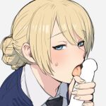  1girl blonde_hair blue_eyes blush braid censored darjeeling_(girls_und_panzer) fellatio girls_und_panzer handjob highres looking_at_viewer onsen_tamago_(hs_egg) oral penis short_hair solo_focus sweat tongue 