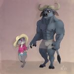  age_difference anthro bottomwear bovid bovine bulge cape_buffalo chief_bogo clothed clothing digitigrade disney duo eye_scar facial_scar female floppy_ears fur grey_body grey_fur hand_holding hat headgear headwear hi_res holding_finger hooves horn interspecies judy_hopps lagomorph leporid long_ears looking_at_another love male male/female mammal multicolored_body multicolored_fur muscular muscular_male navel notched_ear orange_eyes pecs purple_eyes rabbit romantic romantic_couple scar shorts size_difference skimpy smile story story_in_description sun_hat tail_fluff tail_puff white_body white_fur wrenchthrower zootopia 