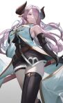  1girl bangs bare_shoulders black_gloves black_thighhighs blazpu blue_eyes braid breasts draph elbow_gloves gloves granblue_fantasy hair_over_one_eye highres horns katana large_breasts light_purple_hair long_hair looking_to_the_side narmaya_(granblue_fantasy) pointy_ears single_braid solo sword thighhighs thighs weapon 